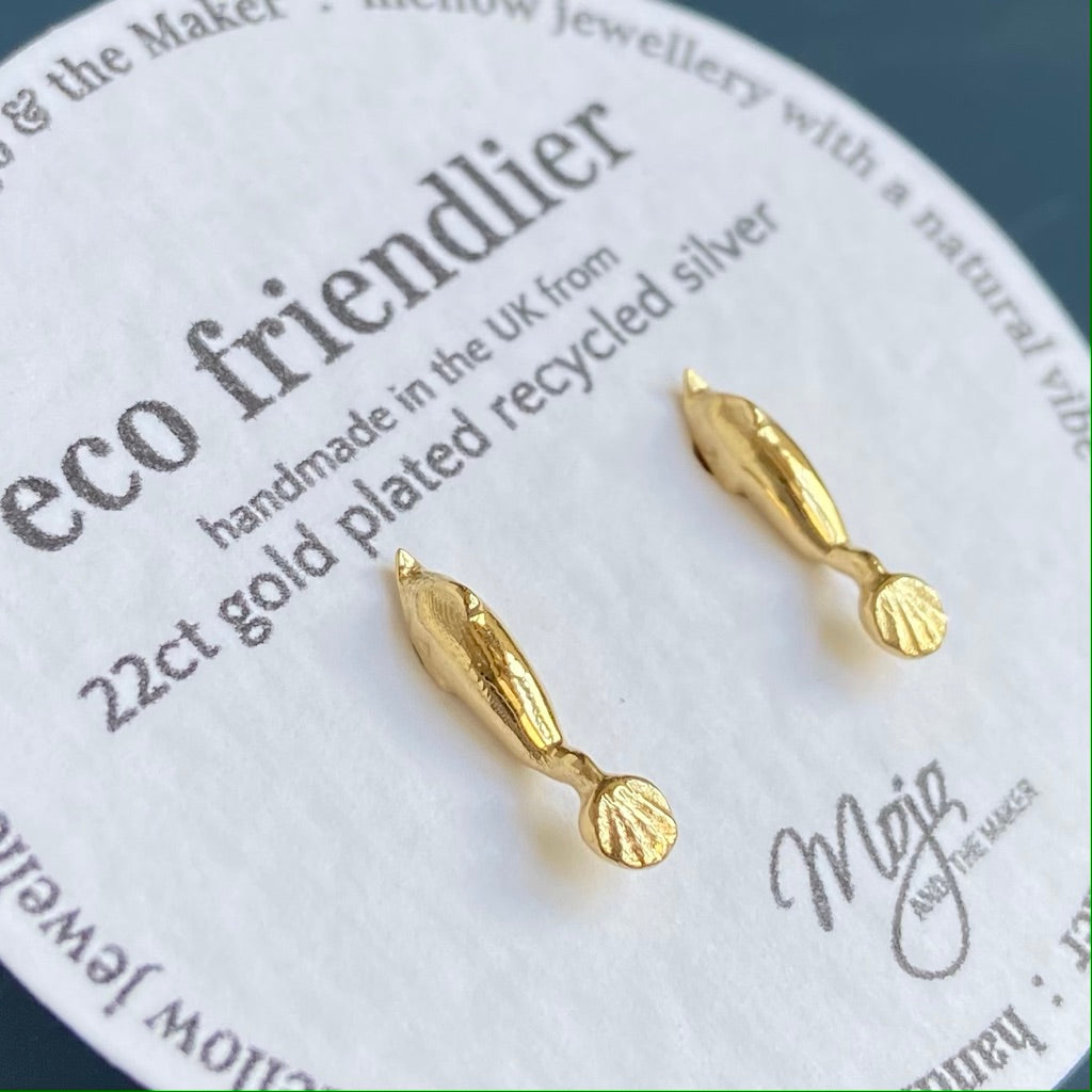 Ancient Dolphin 22ct Gold Plated Recycled Silver Small Studs (pair)