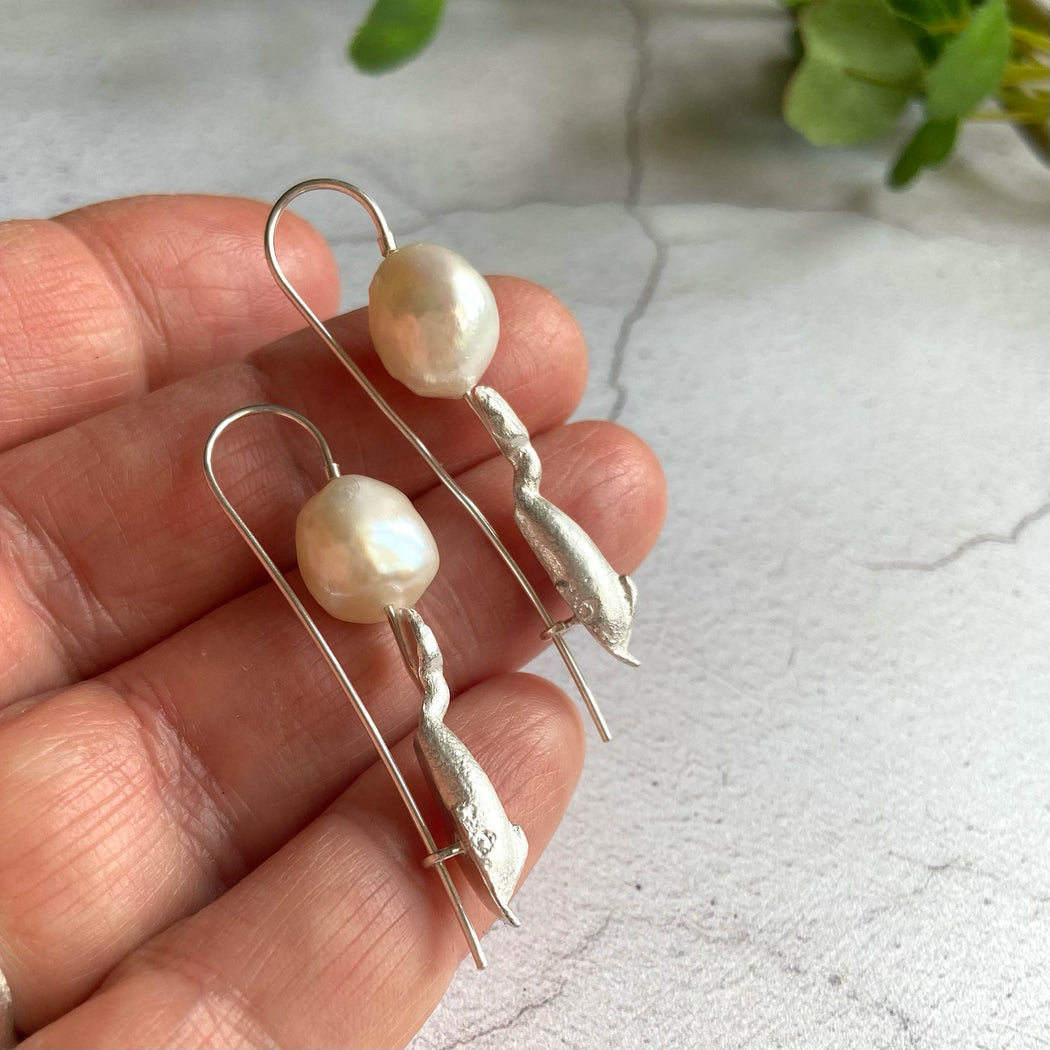 OOAK Ancient Dolphin & Pearl Recycled Silver Safety Hook Earrings (pair)
