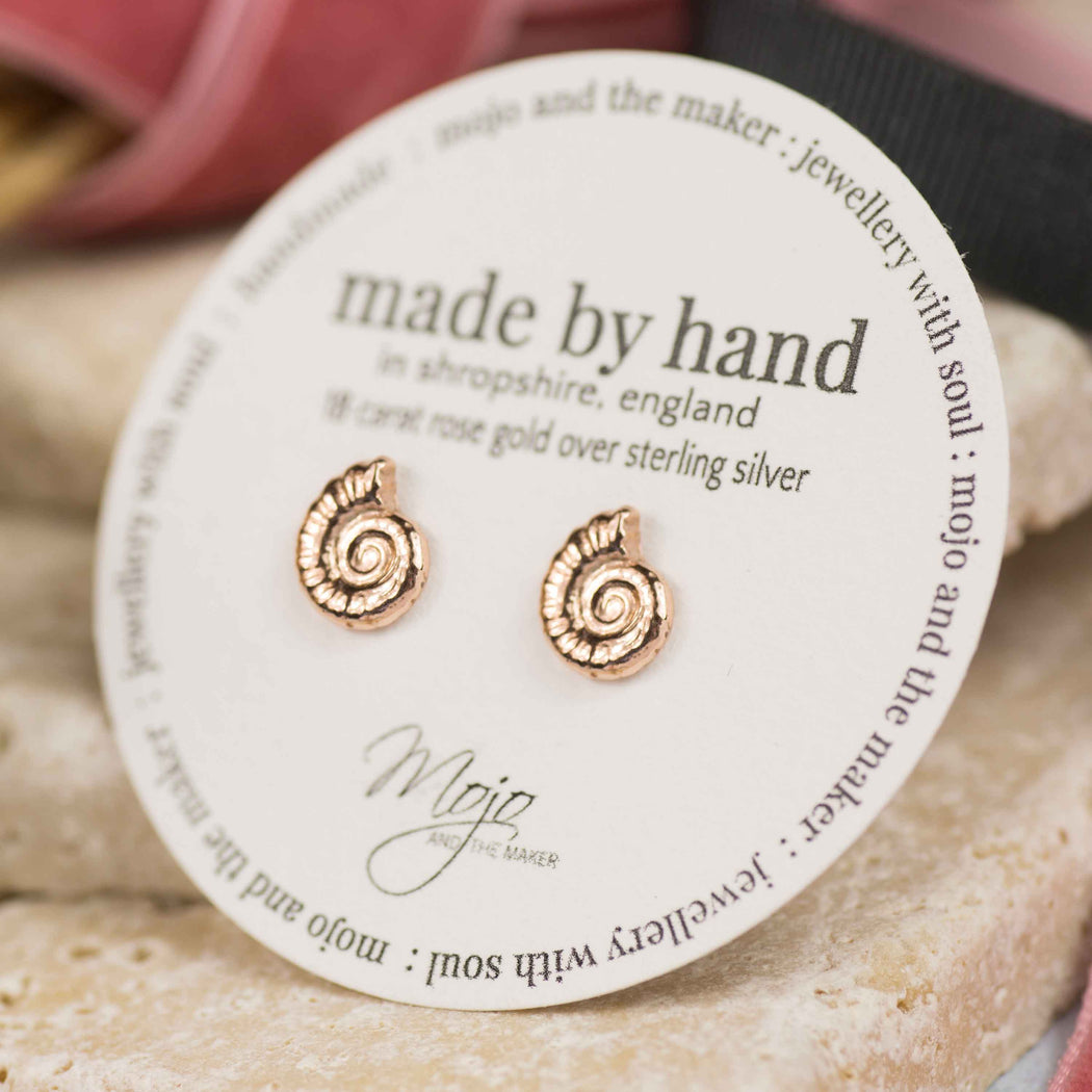 Handmade Ammonite 18 Carat Rose Gold Plated Silver Studs - Mojo and the Maker
