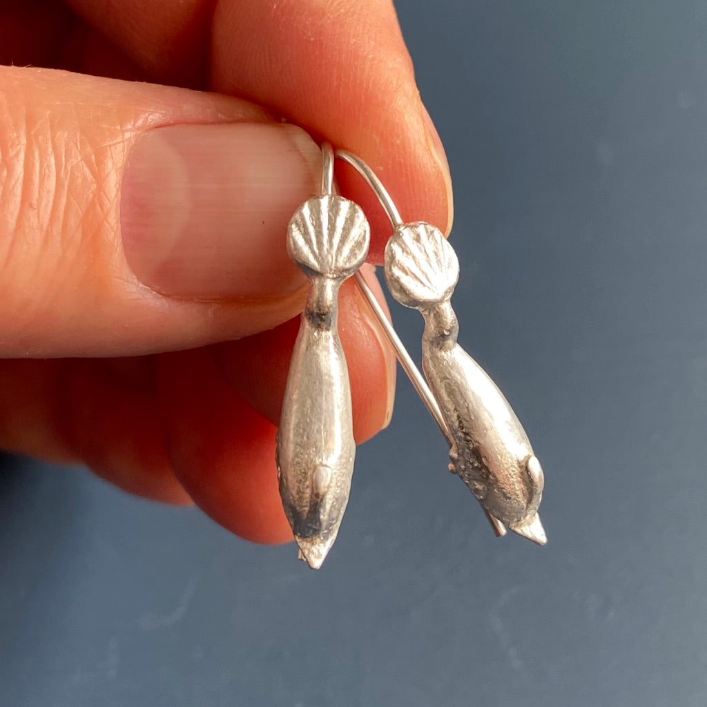 Ancient Dolphin Safety Hook Earrings in recycled silver (pair)