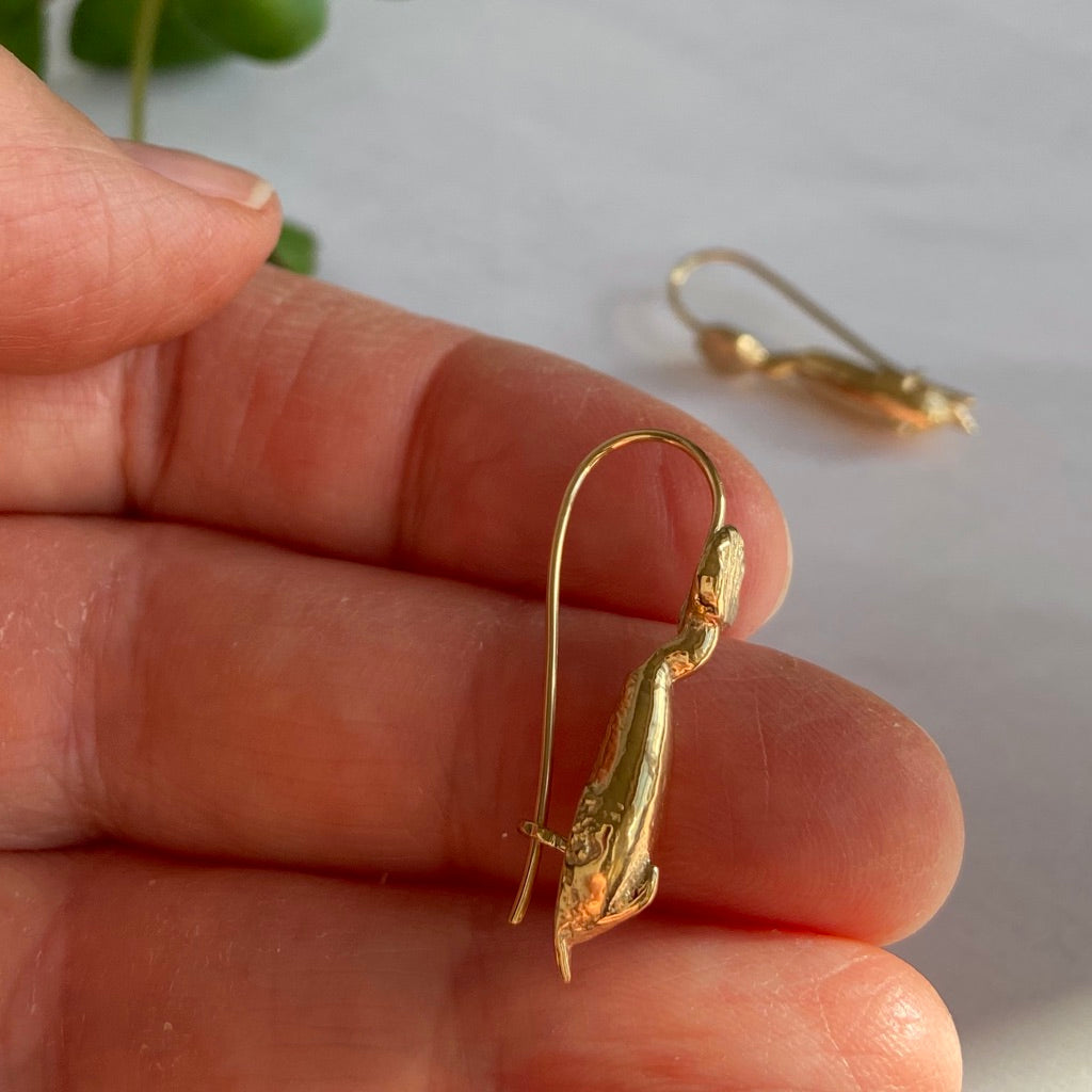 NEW! Antique Dolphin 22ct gold plated Recycled Silver Safety Hook Earrings (pair) - made to order
